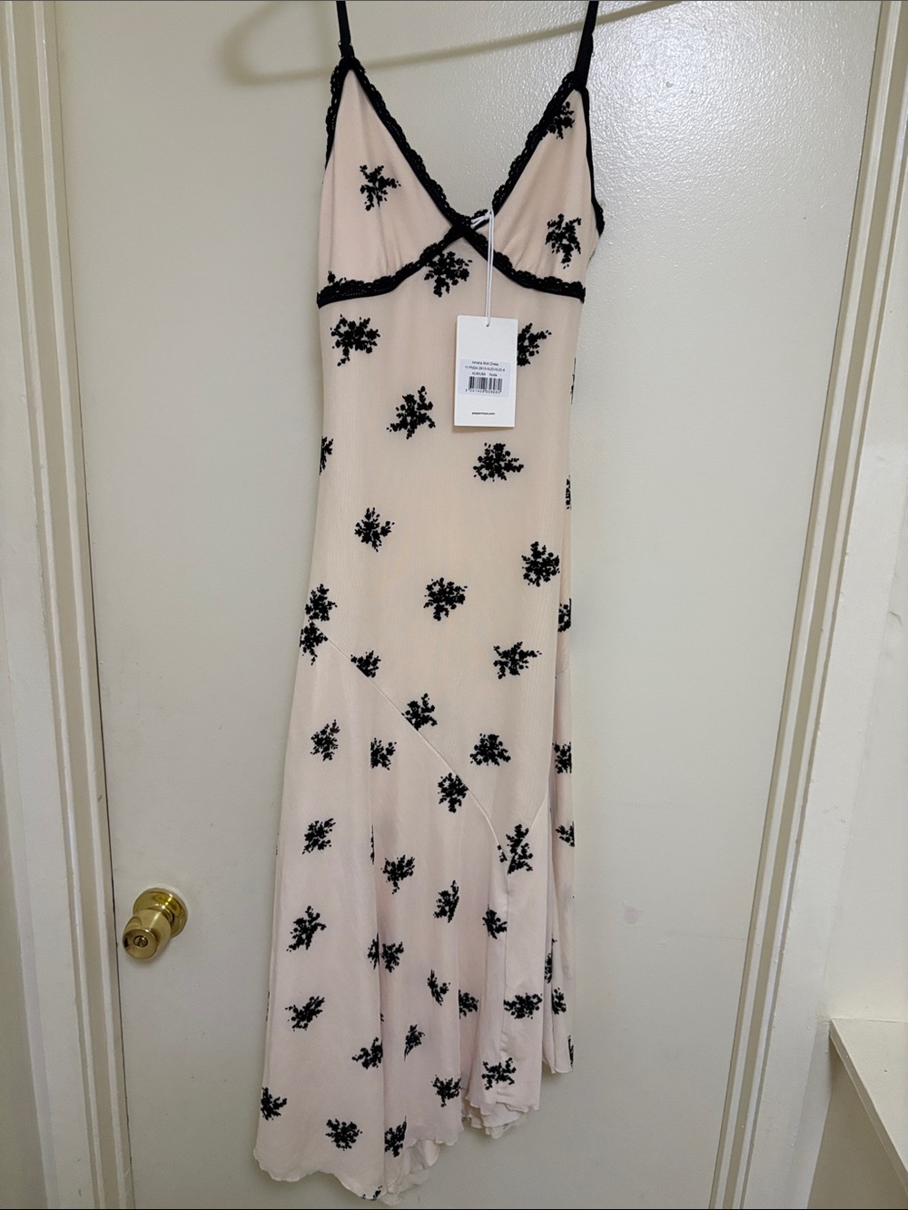 Peppermayo Blush Slip Maxi Dress with Black Floral Appliqué